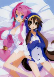  2girls barefoot blue_eyes blue_hat braid bright_pupils brown_eyes brown_hair disgaea harada_takehito hat kazamatsuri_fuuka long_hair lying makai_senki_disgaea_4 multiple_girls official_art pajamas pink_hair scan single_braid slit_pupils twintails very_long_hair vulcanus_(disgaea_4) 