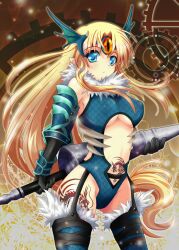  blonde_hair breasts commentary_request dragon dragon_master dragon_tattoo eastern_dragon female gauntlets gloves helmet large_breasts leg_tattoo long_hair low-tied_long_hair navel photoshop_(medium) polearm riesz seiken_densetsu seiken_densetsu_3 shindou_hayato solo stomach_tattoo tattoo thighhighs underboob very_long_hair weapon winged_helmet 