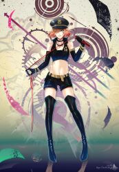  black_gloves black_shorts boots choker commentary_request elbow_gloves female full_body gloves grin hat highres holding looking_at_viewer nanami_haruka navel peaked_cap photoshop_(medium) pink_hair short_hair shorts smile solo standing stells thighhighs uta_no_prince-sama whip yellow_eyes 