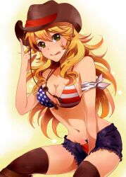  :p american_flag american_flag_bikini american_flag_print bad_id bad_pixiv_id bikini black_thighhighs blonde_hair boots breasts cleavage cowboy_hat cutoffs denim denim_shorts female flag_print green_eyes hat hoshii_miki idolmaster idolmaster_(classic) long_hair masaki_(celesta) medium_breasts navel no_shirt open_fly print_bikini purple_shorts shiny_skin short_shorts shorts solo star-shaped_pupils star_(symbol) stomach swimsuit symbol-shaped_pupils thigh_boots thighhighs tongue tongue_out 