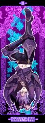  1boy boots coat commentary_request full_body highres male_focus midriff pants photoshop_(medium) purple_background purple_theme solo tales_of_(series) tales_of_xillia tarot tarot_(medium) the_hanged_man_(tarot) upside-down usagineko white_hair wingul_(tales) 