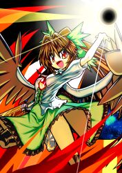  absurdres bow brown_hair cape commentary_request female green_bow hairbow highres long_hair r-18_jii red_eyes reiuji_utsuho solo touhou wings 