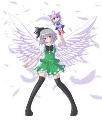  2girls :&lt; animal_ears braid colorized commentary_request feathers grey_hair inu_sakuya_(nejikirio) izayoi_sakuya kikugetsu konpaku_youmu multiple_girls red_eyes smile thighhighs touhou tsukineko_noel twin_braids wings 