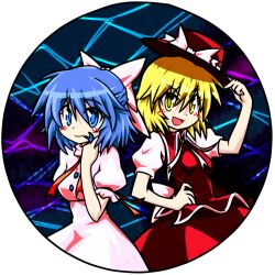  2girls album_cover blonde_hair blue_eyes blue_hair blush bow commentary_request cover hairbow half_updo hand_on_own_hip hat mai_(touhou) multiple_girls r-18_jii short_hair smile touhou touhou_(pc-98) yellow_eyes yuki_(touhou) 