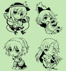  4girls bad_id bad_pixiv_id blush_stickers bow chains chibi green_theme hairbow hat heart heart_of_string horns hoshiguma_yuugi komeiji_koishi kurodani_yamame long_hair mizuhashi_parsee monochrome multiple_girls one_eye_closed rasahan single_horn smile touhou 