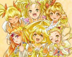  6+girls ;d ^_^ blonde_hair bow brooch butterfly_brooch choker circlet closed_eyes color_connection commentary_request cone_hair_bun cure_lemonade cure_muse_(yellow) cure_peace cure_pine cure_sunshine double_bun double_v drill_hair eyelashes fresh_precure! futari_wa_precure futari_wa_precure_max_heart goru_(cure_golgom) green_eyes group_picture hair_bun hair_color_connection hair_flaps hair_ornament hair_ribbon happy heart heart_brooch heart_hair_ornament heartcatch_precure! in-franchise_crossover jewelry kasugano_urara_(yes!_precure_5) kujou_hikari long_hair magical_girl middle_finger multiple_girls myoudouin_itsuki one_eye_closed open_mouth orange_choker orange_hair photoshop_(medium) pink_eyes precure ribbon shiny_luminous shirabe_ako short_hair smile smile_precure suite_precure twintails v wide_ponytail yamabuki_inori yayoi_kise yellow_background yellow_bow yellow_choker yellow_eyes yellow_theme yes!_precure_5 