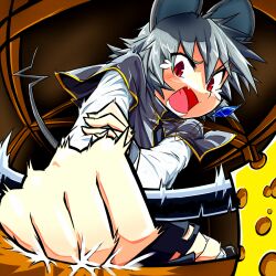  animal_ears caught cheese commentary_request female food grey_hair mouse_ears mouse_tail mousetrap nazrin r-18_jii red_eyes shouting solo tail touhou 