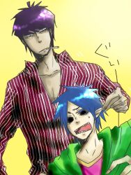  2d 2d_(gorillaz) black_hair blue_hair gorillaz gradient gradient_background multiple_boys murdoc_niccals oerba_yun_fang open_mouth simple_background 