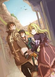  2boys alvin_(tales) asaya-bigun bad_id bad_pixiv_id black_hair blonde_hair brown_eyes brown_hair commentary_request dress elize_lutus female gloves holding_hands jude_mathis looking_back multiple_boys purple_dress smile tales_of_(series) tales_of_xillia yellow_eyes 