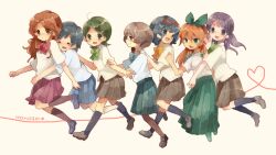  6+girls blue_eyes blue_hair braid brown_hair commentary_request green_eyes green_hair hair_ribbon hair_tubes heart heart_of_string inazuma_eleven inazuma_eleven_(series) inazuma_eleven_go kino_aki kudou_fuyuka long_hair multiple_girls open_mouth otonashi_haruna pantyhose purple_eyes purple_legwear raimon_natsumi red_hair ribbon school_uniform seto_midori short_hair sleeves_rolled_up smile sorano_aoi sunflower-m twin_braids yamana_akane 