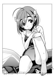  ahoge bakuon!! barefoot commentary_request competition_school_swimsuit eyebrows female greyscale hair_ornament monochrome motor_vehicle motorcycle one-piece_swimsuit orimoto_mimana sakura_hane school_swimsuit short_hair smile solo swimsuit wet 