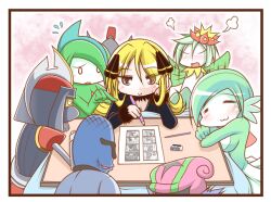  0_0 :3 accelgor artist_self-insert bisharp blonde_hair blush commentary_request cynthia_(pokemon) escavalier female gallade gardevoir kotatsu lilligant md5_mismatch pokemon pokemon_(creature) pokemon_dppt sawk smile sougetsu_(yosinoya35) table 