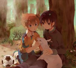  2boys bad_id bad_pixiv_id ball black_hair brown_hair forest goat gyoe hair_ornament inazuma_eleven_(series) inazuma_eleven_go male_focus matsukaze_tenma multiple_boys nature open_mouth shuu_(inazuma_eleven) sitting smile soccer_ball soccer_uniform sportswear telstar tree 