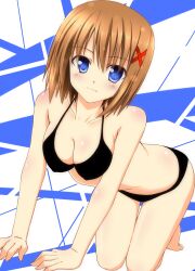  all_fours bikini blue_eyes breasts brown_hair cleavage commentary_request female hair_ornament highres lask lyrical_nanoha mahou_shoujo_lyrical_nanoha_strikers medium_breasts oerba_yun_fang partial_commentary short_hair solo swimsuit x_hair_ornament yagami_hayate 