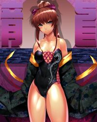  bath blue_eyes bowalia breasts brown_hair cleavage commentary_request dragon eastern_dragon female hair_ribbon japanese_clothes large_breasts leotard long_hair photoshop_(medium) ponytail ribbon smile solo thunder_ryuko wrestle_angels wrestle_angels_survivor wrestling_outfit 