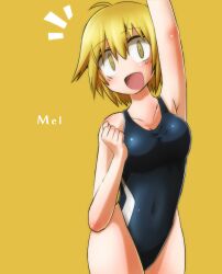  :d bad_id bad_pixiv_id blonde_hair competition_swimsuit female konohana_saku one-piece_swimsuit original short_hair simple_background smile solo swimsuit yellow_background yellow_eyes 