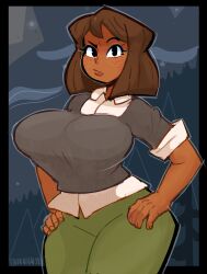  1girls alternate_breast_size big_breasts black_eyes blouse brown_hair brown_skin busty cartoon_network clothed clothed_female clothes clothing courtney_(tdi) curvy dark-skinned_female dark_skin eyelashes female freckles fully_clothed short_hair skin_tight solo solo_female standing sweater tagme thick_thighs thighs total_drama_island viennais8 