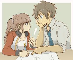  ! 1boy bad_id bad_pixiv_id brown_hair female handa_shin&#039;ichi inazuma_eleven inazuma_eleven_(series) inazuma_eleven_go jacket kisaragi_mako long_hair nanashi_(21) necktie paper pen short_hair twintails 