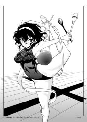  athletic_leotard ball ballet_slippers commentary_request contortion curly_hair female flexible floor greyscale gymnastics hairband hoop juggling_club leotard monochrome original orimoto_mimana rhythmic_gymnastics ribbon short_hair solo standing standing_on_one_leg temoshinko_saanya 