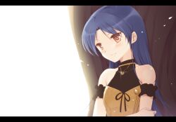  against_tree arm_garter bad_id bad_pixiv_id bare_shoulders bloom blue_hair brown_eyes female glint heart holding_own_arm idolmaster idolmaster_(classic) jewelry kisaragi_chihaya komi_zumiko letterboxed live_for_venus_(idolmaster) long_hair necklace sleeveless smile solo tree 