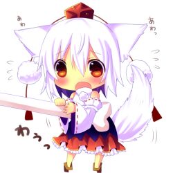  animal_ears blush bone chibi chocolat_(momoiro_piano) commentary_request detached_sleeves female hat hat_ribbon inubashiri_momiji mini_person minigirl open_mouth red_eyes ribbon shirt short_hair skirt solo tail tokin_hat touhou white_hair wolf_ears wolf_tail 