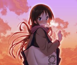  akiyama_mio backlighting bad_id bad_pixiv_id bag black_hair blue_eyes blush female k-on! long_hair looking_back masamuuu open_mouth photoshop_(medium) scarf solo sunset upper_body 