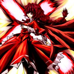  braid cape capelet commentary_request cross female long_hair long_sleeves okazaki_yumemi r-18_jii red_capelet red_eyes red_hair red_theme skirt skirt_set solo touhou touhou_(pc-98) 