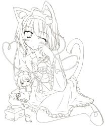  2girls animal_ears cat_ears cheese commentary_request food hairband heart heart_of_string highres kemonomimi_mode komeiji_satori line_art monochrome mouse_(animal) mouse_ears mouse_tail multiple_girls nazrin photoshop_(medium) short_hair tail touhou yuuma_(noel) 