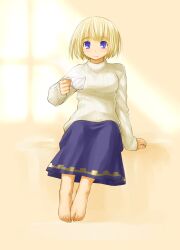  barefoot blonde_hair blue_eyes blush blush_stickers bob_cut breasts casual cup feet female kasuga_yukihito large_breasts long_skirt phalanx_(sekaiju) phalanx_2_(sekaiju) sekaiju_no_meikyuu sekaiju_no_meikyuu_3 sitting skirt solo sweater teacup toes 