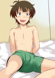  1boy akizuki_ryo antenna_hair arms_behind_back blush brown_eyes brown_hair commentary_request embarrassed enoki_p green_shorts highres idolmaster idolmaster_dearly_stars male_focus open_mouth shorts solo tears topless_male 