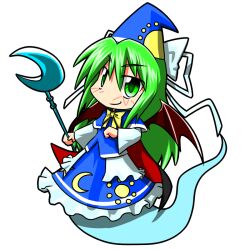  blush chibi commentary_request female full_body green_eyes green_hair hat long_hair mima_(touhou) r-18_jii solo staff touhou touhou_(pc-98) transparent_background wings 