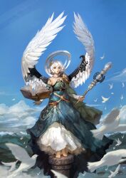  angel angel_wings armor bare_shoulders barefoot bird blue_dress blue_eyes blue_sky book cape cloud commentary day dress female floating floating_book floating_object flock flying hair_ornament holding open_book original pauldrons photoshop_(medium) pigeon pole shaonav short_hair shoulder_armor sky solo staff standing white_hair wings 