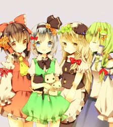  4girls alternate_headwear apron ascot blonde_hair blue_eyes bow braid brown_eyes brown_hair cha_goma closed_eyes commentary_request detached_sleeves feline flower frog grey_hair hair_flower hair_ornament hair_ribbon hair_tubes hairbow hakurei_reimu highres kirisame_marisa kochiya_sanae konpaku_youmu multiple_girls open_mouth ribbon shirt skirt skirt_set smile snake touhou vest yellow_eyes 