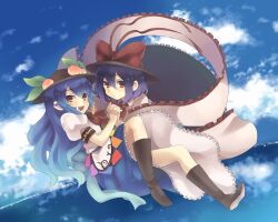  2girls bad_id bad_pixiv_id blue_hair boots bow carrying cloud flying food fruit hat hat_bow highres hinanawi_tenshi holding_hands interlocked_fingers konbu_ame leaf long_hair looking_at_viewer multiple_girls nagae_iku open_mouth peach purple_hair red_eyes shawl short_hair skirt sky smile touhou 