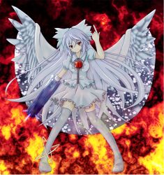  alternate_color alternate_element boots bow cold_fusion colorized commentary_request female hairbow karuba kikugetsu long_hair red_eyes reiuji_utsuho solo thigh_boots thighhighs touhou very_long_hair wings 