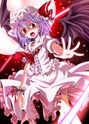  bat_wings commentary_request danmaku female from_below hat kokutou_nikke light_purple_hair open_hand outstretched_hand red_eyes remilia_scarlet solo touhou wings wrist_cuffs 