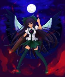  arm_cannon bad_id bad_pixiv_id black_hair black_wings boots bow cape colorized female full_moon green_bow green_thighhighs hairbow kikugetsu long_hair moon night reiuji_utsuho skirt solo thigh_boots thighhighs touhou very_long_hair weapon wings yagami_shiro zettai_ryouiki 