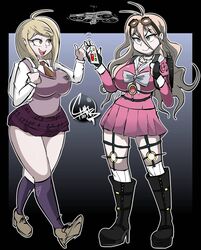  2girls akamatsu_kaede big_ass big_breasts blonde_hair busty camtoons cleavage danganronpa danganronpa_v3 female_only huge_breasts iruma_miu school_uniform short_skirt skirt sweater thick_thighs thin_waist tie tight_clothing wide_hips 