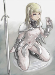  blonde_hair claymore_(series) dietrich female grey_eyes kneeling long_hair solo sword tea_(nakenashi) weapon 