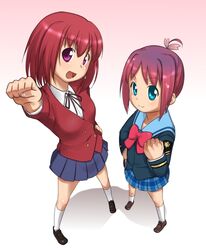  2girls :d amamiya_manami aqua_eyes bow clenched_hand commentary_request crossover from_above gakuen_utopia_manabi_straight! gradient_hair hand_on_own_hip horie_yui kushieda_minori massugu_go multicolored_hair multiple_girls oohashi_high_school_uniform open_mouth pink_bow purple_eyes red_hair school_uniform seiou_gakuen_school_uniform smile toradora! ttomm voice_actor_connection 