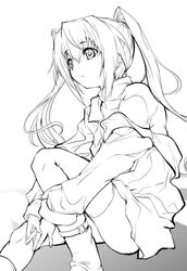  ankle_boots boots bracelet dress female greyscale jewelry kashi line_art long_hair long_sleeves look-alike monochrome original simple_background sitting solo twintails very_long_hair white_background 