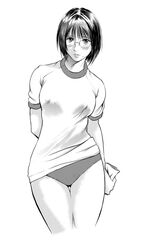  arms_behind_back blush buruma commentary_request copyright_request cropped_legs female glasses greyscale gym_uniform mole mole_under_mouth monochrome screentones shinobu_(tyno) short_hair simple_background solo standing white_background 