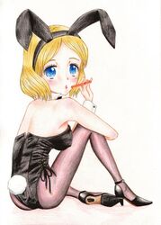  animal_ears bad_id bad_pixiv_id blonde_hair blue_eyes copyright_request female hidaka_medaka pantyhose playboy_bunny rabbit_ears short_hair solo traditional_media 