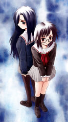  2girls black_hair blush bow brown_eyes brown_hair flat_chest glasses green_eyes hair_over_one_eye kurihara_touko long_hair messiah_cage multiple_girls pantyhose photoshop_(medium) profile sakaki_shinobu school_uniform serafuku shirt shoes short_hair skirt socks standing striped tenshi_no_inai_12-gatsu 