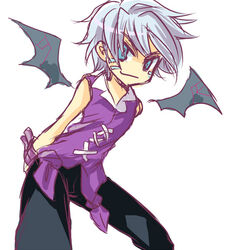  1boy artist_request gig_(soul_cradle) grey_hair male_focus markings pants shirt solo soul_cradle wings 