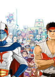  6+boys 6+girls alex_(street_fighter) android bare_shoulders bat_wings belt belt_buckle belt_pouch big_nose black_hair blonde_hair blue_eyes blunt_bangs bodysuit boomerang boyakki breasts brown_eyes brown_hair buck_teeth buckle bun_cover capcom cape casshern casshern_(series) china_dress chinese_clothes chun-li cleavage clenched_teeth crossed_arms crossover demon_girl domino_mask doronjo double_bun dougi dress earrings everyone facial_hair facial_mark feathers fingerless_gloves frown gatchaman gloves glowing glowing_eyes gold_lightan green_eyes green_hair grin gun gyakuten!_ippatsuman hair_bun hair_ribbon hakushon_daimaou hariken_polymar hat head_wings headband helmet high_ponytail holding holding_weapon ichimonji_batsu ippatsuman jewelry jun_the_swan justice_gakuen kaijin_no_souki karas ken_the_eagle large_breasts lips lipstick long_hair looking_at_viewer lost_planet makeup martial_arts_belt mask mega_man_(classic) mega_man_(series) mega_man_legends_(series) mega_man_volnutt mori_toshiaki morrigan_aensland moustache multiple_boys multiple_girls muscular navel nose official_art omokane_saki onimusha onimusha:_dawn_of_dreams orange_hair otoha_(karas) ougon_senshi_gold_lightan parted_bangs photoshop_(medium) polymar ponytail pouch ptx-40a quiz_nanairo_dreams ribbon rifle robot robot_hunter_casshern roll_(mega_man) ryu_(street_fighter) sash serious sheath sheathed shiritsu_justice_gakuen short_hair sidelocks simple_background skin_tight sleeveless smile spiked_hair street_fighter sunglasses sword takada_gan tatsunoko_pro tatsunoko_vs_capcom tattoo teeth tekkaman_(character) thick_eyebrows time_bokan_(series) tongue tongue_out tonzura torn_clothes turtleneck uchuu_no_kishi_tekkaman vampire_(game) vest viewtiful_joe viewtiful_joe_(character) visor watermark weapon white_background wings yatterman 