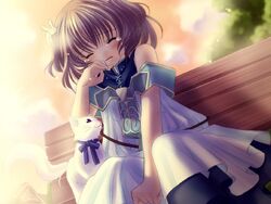  angelic_serenade bench brown_hair dress feline female hair_ornament hairpin lasty_farson naruse_chisato park_bench rabbit_hair_ornament sad solo tears 