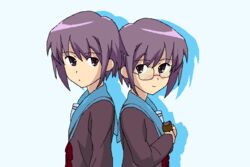  2girls blue_sailor_collar blush cardigan cheshigom commentary_request dual_persona glasses kita_high_school_uniform multiple_girls nagato_yuki oekaki pixel_art sailor_collar school_uniform serafuku short_hair smile suzumiya_haruhi_no_shoushitsu suzumiya_haruhi_no_yuuutsu winter_uniform 