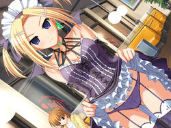  bare_shoulders blonde_hair breasts cleavage clothes_lift demon_wings dress dress_lift dutch_angle empty_eyes female garter_belt hair_ornament hairclip horiuchi_sana imageboard_desourced medium_breasts murakami_suigun non-web_source panties pia_carrot_(series) pia_carrot_e_youkoso!!_g.o. purple_eyes restaurant short_hair solo thighhighs underwear wings 