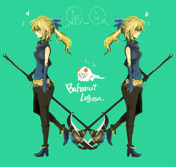  bad_id bad_pixiv_id bahamut_lagoon blonde_hair blue_ribbon copyright_name ecatrina elbow_gloves female from_side gloves green_background hair_ribbon high_heels holding holding_staff ponytail ribbon simple_background staff standing uzaki_(jiro) 